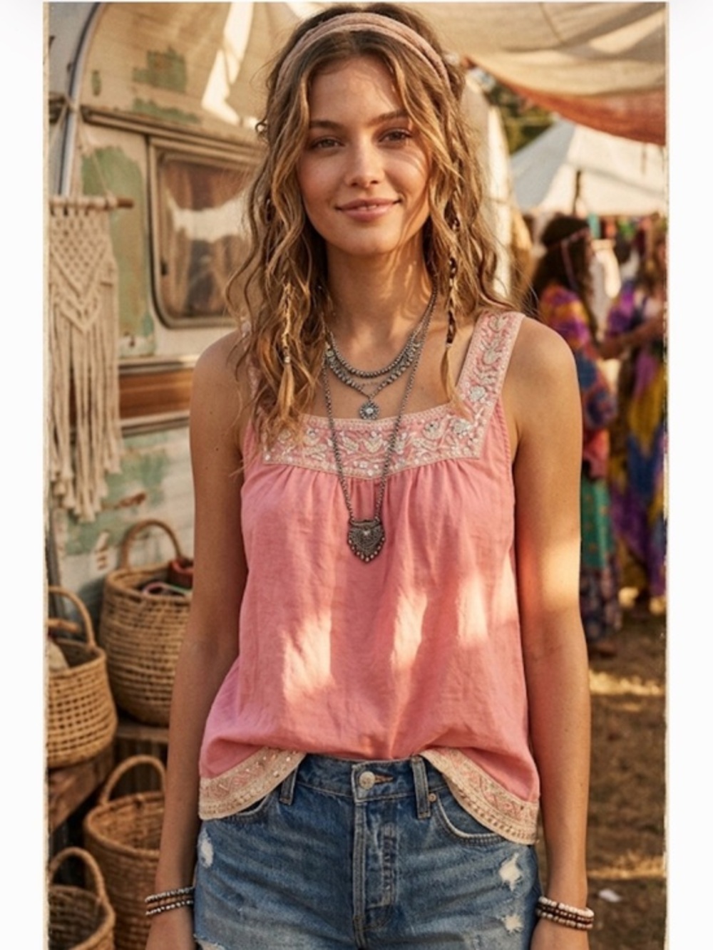 Lucky Brand Embroidered Sequin Boho Tank Top Women’s Medium Festival